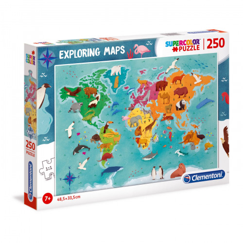 Puzzle Clementoni, Exploring Maps - Animals of the World, 250 piese, dimensiuni 48x33cm